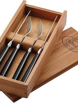 RÖSLE Steakbesteck (4-tlg), 2 Personen, Edelstahl, Kunststoff, Set mit 2 Steakmessern und 2 Steakgabeln, inkl. praktischer Holzbox