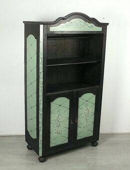 Bücherschrank, Geschirrschrank, antik 1850er, Nußb dkl. + Salbei-Grün, handbemalt - Sinzig