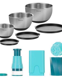 Genius Gemüseschneider Genius Minis, Kombi-Set inkl. Edelstahl-Schüsseln, Set 19-tlg., 3 Schüsseln mit Deckel, Multihacker, Multischneider, Spiralschneider
