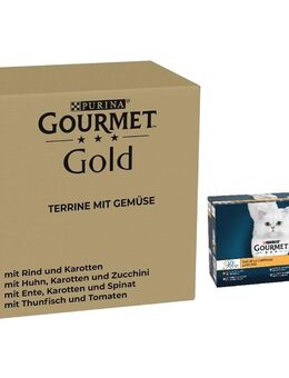 96 x 85 g Jumbopack Gourmet + 24 x 85 g passendes Nassfutter gratis! - 96 x 85 g Gold Terrine: mit Gemüse + 24 x 85 g Perle Gemischte Auswahl: Duo vom Land