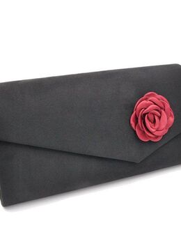 Steuer Abendtasche Satin-Optik schwarz mit roter Blüte