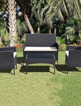 Ribelli 4-teiliges Gartenmöbel Set, Lounge Set, cremefarbenen Kissen – aus PE-Rattan – Tisch Plus Zwei Stühle und 1er Bank – praktisch zu verstauen (4 TLG. schwarz/Cream) Set1 - Ingolstadt