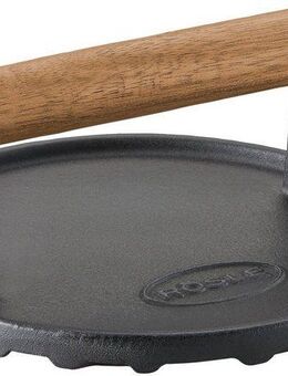 RÖSLE Burgerpresse BBQ Gewicht, 25231, Gusseisen, Barbecue-Gewicht zum schnelleren Garen, Gusseisen, Holzgriff, 17,5 cm