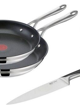 Tefal Pfannen-Set Jamie Oliver Cook Smart, Edelstahl 18/10 (Set, je 1 Pfanne 24 und 28 cm, 1 Kochmesser), stilvolle Edelstahl-Pfannen, inkl. Kochmesser, Rezeptbuch