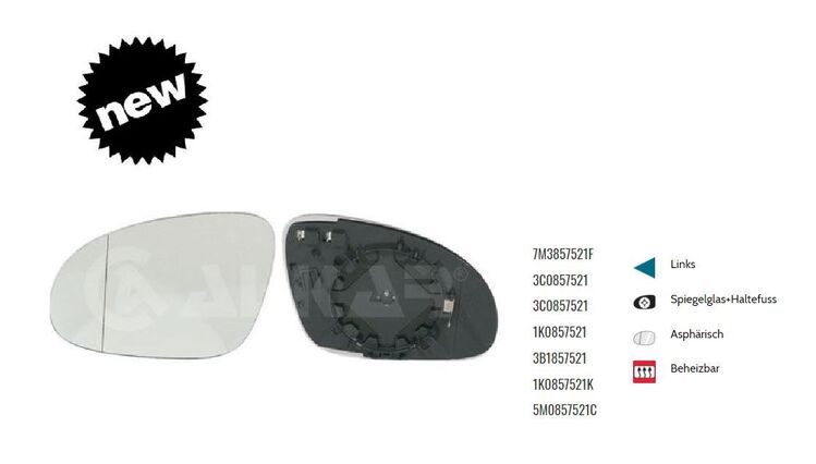 SPIEGELGLAS LINKS BEHEIZT ASPHÄRISCH VW GOLF 5 VAR 1K5 1K0857521K - Dortmund Wickede