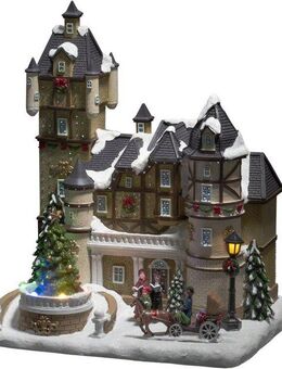 KONSTSMIDE Weihnachtsfigur Weihnachtsdeko (1 St), LED Fiberoptikhaus m. Burgszene + rotierendem Weihnachtsbaum, m. Musik