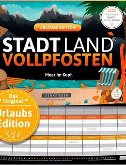 Denkriesen Spiel Stadt Land Vollpfosten® Urlaubs Edition "Meer im Kopf.", Familienspiel, Spielblock, Made in Germany