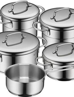 WMF Topf-Set Mini, Cromargan® Edelstahl Rostfrei 18/10 (Set, 9-tlg., Kochtopf 12 + 14 cm, Bratentopf 14 + 16 cm, Stielkasserolle 14 cm), hochwertige Edelstahldeckel, platzsparende Aufbewahrung, Schüttrand