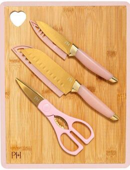 Paris Hilton Schneidebrett Paris Hilton, Küchenhelfer-Set, 6-teilig, Bambus, (Set, 6-St., 1 Santoku- u. 1 Schälmesser, 2x Klingenschutz, Schere, Schneidbrett), Schneidbrett-Set, Messer-Set, Bambusbrett mit Herz-Design