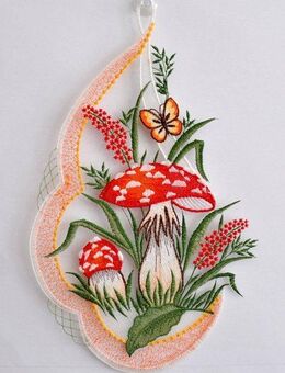 Stickereien Plauen Fensterbild Pilze, mit echter Plauener Spitze Stickerei