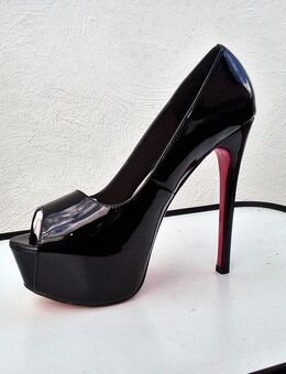 Gr. 41 - 44, sexy Plateau High Heels Peeptoe Pumps, LACK schwarz ( Sohle pink ) - Bruchköbel