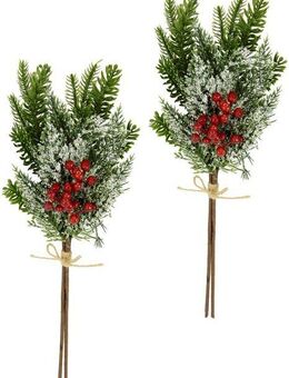 Winterliche Kunstpflanze Kunstzweig, künstlicher Tannenbund mit Kunstschnee Tannenzweig-Bund, I.GE.A., Höhe 40 cm, mit Beeren und Schleife, geeist, 2er Set, grün, rot, weiß, natur