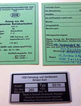 Simson S 51 N, S51N, Blanko Betriebserlaubnis BE ABE & Typenschild Restbestand - Wittingen Zentrum