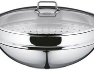 WMF Wok Wokpfanne Macao 36 cm, Induktion, Cromargan® Edelstahl Rostfrei 18/10 (Set, 4-tlg., 1 x Wok mit Glasdeckel, Dämpfeinsatz, Rezeptheft), für alle Herdarten geeignet, scharfes Anbraten bei hohen Temperaturen