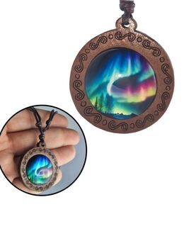 Halskette mit Glas Holz Anhänger Natur Nordlichter Polarlichter Motiv Modeschmuck 14,90€* - Villingen-Schwenningen