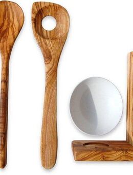 Olivenholz-erleben Kochbesteck-Set ALL-IN aus naturbelassenem Olivenholz und Porzellan (Set, 5-tlg., 2 Kochlöffel, Keramikschälchen, Risottolöffel, Utensilienbox), Inkl. Bestecke