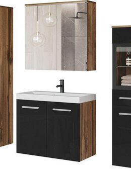 welltime Badmöbel-Set MADRIT II, Schrank mit Waschbecken, 2 Hänger, Spiegelschrank, (Komplett-Set, 5-St), Hängende Badmöbel mit Glaseinsätzen – in vielen Farben erhältlich