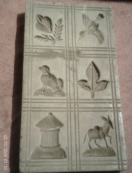 Springerle Volkskunde aus Baden Württemberg seltene Motive: bepackter Esel, Hund sitzt , Turm Schloss .. fein geschnitzte rechteckig 6 Motive  um 1870 : Provenienz Bäckerei  Gauss in Bretten - Sternenfels