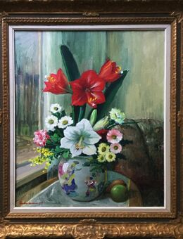 Ölgemälde CARL FREDRIKSSON (1887 SE), Chinesische Vase m. Amaryllis am Fenster 1949!! - Berlin