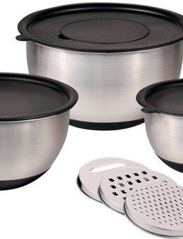 KESPER® Rührschüssel Schüssel-Set mit Deckel, inklusive 3 Reiben, Edelstahl, (Set, 9-tlg), 18 x 9 cm / 22 x 11,2 cm / 26 x 13,5 cm
