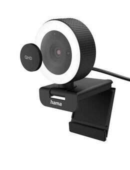 Hama Webcam mit Licht, Mikrofon, Fernbedienung (PC-Kamera USB, QHD, 2560p) Full HD-Webcam (QHD, Beleuchtung, Neigbar, Drehbar, Mikrofon, LED Status, Farbe Schwarz)