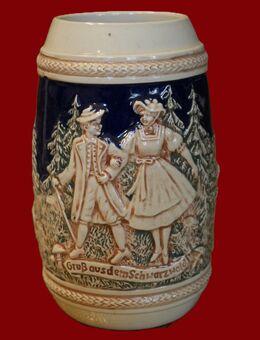 Antiker Bierkrug - Keramik , Gruß aus dem Schwarzwald ., Es steht eine Mühle ... , Wassermühle ,Paar , Hirsch , Höhe 16cm , K6 - Görlitz