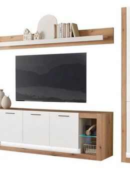 INOSIGN Wohnwand Brixen, moderne Anbauwand, Wohnzimmer-Set, Eiche Evoke Dekor mit Weiß, (Set, 4-St), enthält Stauraumelemente, Lowboard und Wandboard