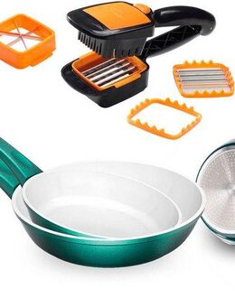 Genius Pfannen-Set Cerafit Fusion Pfannen inkl. Nicer Dicer Quick, Set 8-tlg, (Set, 8-tlg., Pfannen, Set 3-tlg., feste Griffe, ND Quick, Set 5-tlg., orange), hochwertig Antihaft-Pfannen mit robuster Keramik-Beschichtung