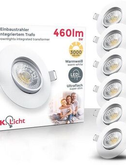 B.K.Licht LED Einbauleuchte 6er Set Einbaustrahler, Schwenkbare Spots, flache Deckenstrahler, LED fest integriert, Warmweiß, 3.000K, 480Lm, 4,9W, Kunststoff, 9 x 2,4 cm, Weiß