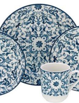CreaTable Kombiservice Fresco Blau, Kombi-Service 16-tlg (16-tlg), 4 Personen, Steingut, Ornamentmotiv, Mediterran