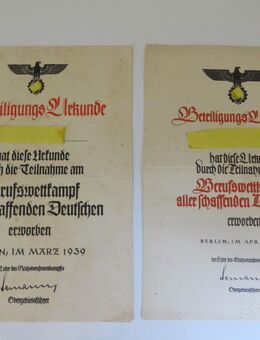 Zwei Beteiligungsurkunden *Berlin 1938 +1939* Berufswettkampf aller schaffenden Deutschen - Deizisau