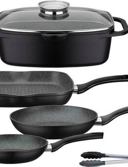 GSW Topf-Set Gourmet Granit, Aluminiumguss (Set, 5-tlg., 1 Bräter, 1 Grillpfanne Ø 28cm, je 1 Bratpfanne Ø 20/24cm, 1 Kochzange), Induktion