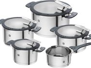 Zwilling Topf-Set Simplify, Edelstahl 18/10 (Set, 9-tlg., je 1 Kochtopf Ø 16/20/24 cm, 1 Bratentopf Ø 20 cm, 1 Stieltopf Ø 16 cm), Sandwichboden, Stay-Cool-Griffe, integriertes Sieb, (Glas)Deckelhalter