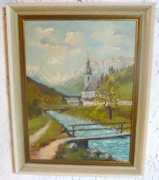 Ölgemälde Bild "Kirche in der Ramsau" gerahmt 47 x 37 cm - Amberg
