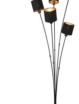 Reality Leuchten Stehlampe TOMMY, Stehleuchte 5-flammig, E14 max 40W mit Fussschalter, Ein-/Ausschalter, Leuchtmittel wechselbar, warmweiß - kaltweiß, Stehlampe Wohnzimmer mit Stoffschirmen in modernem schwarz-gold