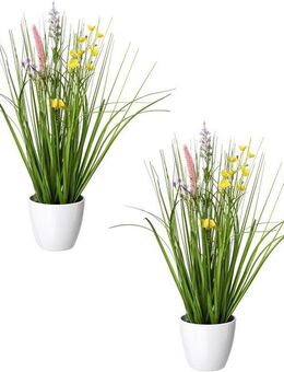 Kunstgras Blüten-Gras-Mix, Creativ green, Höhe 41 cm, in weißer Kunststoffschale