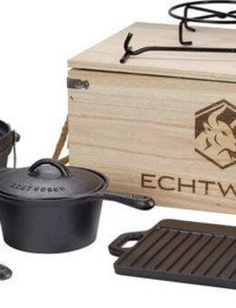 ECHTWERK Topf-Set Dutch Oven, Gusseisen (Set, 7-tlg., Kochtopf, Stieltopf, Pfanne, Grillplatte, Deckelheber, Untersetzer), Gusseisen BBQ Kochtopf-Set, Feuertopf, ofenfest, Holzkiste
