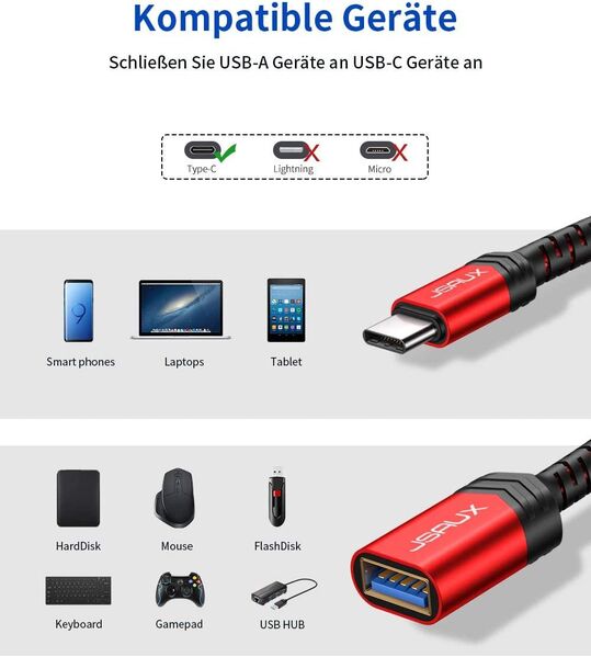 OTG Adapter USB 3.1 Typ C Stecker, USB 3.0 Typ A Buchse, 15 cm lang, JSAUX, mit einer Datenübertragung von bis zu 500MB/s - Fürth