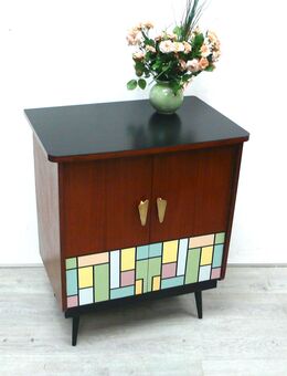 Mid Century Beistellschrank Sideboard 2 Türen, Nuß-Schwarz mit Mondrian Pastell Muster 50er - Sinzig