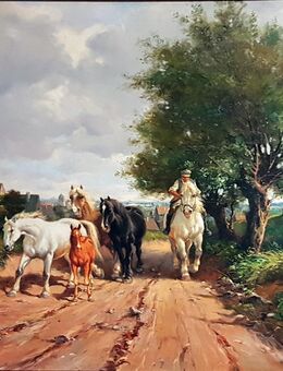 Großes Ölgemälde Pferde Hof Reiten Deutschland Reitschule Gutshof Natur signiert - Nürnberg