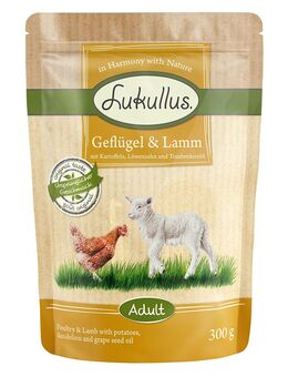 Lukullus Naturkost Adult Getreidefrei Frischebeutel 6 x 300 g - Geflügel & Lamm