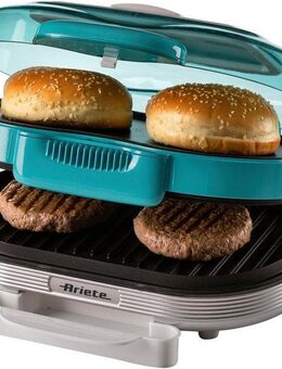 Ariete Hamburger Maker 205B Party Time Hambuger Maker, blau, 1200 W, 2 Grillplatten: unten für Burger und oben für Hamburger Brötchen