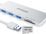 USB 3.0 Typ A, 3fach Hub, USB 3.0 Typ A, Dual Speicherkartenleser, SD & MicroSD Laufwerke, Transcend MicroSDXC 128GB, A1, V30 - mit einer Datenübertragung von bis zu 90MB/s - Fürth