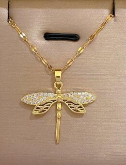 ☝️☝️☝️ Halskette Edelstahl Gold + Anhänger Libelle, Strass, NEU ⭐⭐⭐⭐⭐ - Gersthofen