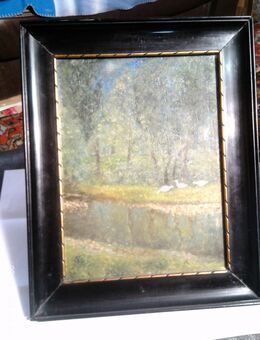 Erich Scharfe Maler XIX-XX" Drei weiße Gänze an der Oder" datiert 1919 und signiert Kleinformatiges impresionistisches Ölgemälde - Sternenfels