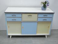 50er Küchenanrichte Sideboard 4 Schubladen, Brotfach, 3 Schiebetüren Weiß-Blau-Gelb, Rockabilly Ära - Sinzig