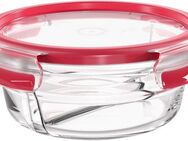 Emsa Aufbewahrungsbecher Clip & Close Glas, Glas, Polyprophylen (PP), (2-tlg), 0,55 Liter, rund mit Trennwand, Stapelkante, backofengeeignet, dicht