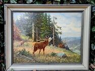 Vintage gerahmter Kunstdruck "Hirsch am Morgen" von E. Krüger - Niederfischbach