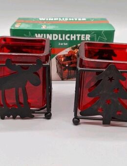 Teelichthalter Weihnachten Rot Glas Metall schwarz Elch Baum verziert Höhe 9cm - Essen