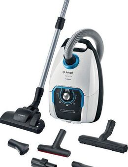 BOSCH Bodenstaubsauger Serie 8 ProSilence BGB75XSIL, Hygiene-Filter, 10 Jahre Motorgarantie, 650 W, mit Beutel, Hartbodendüse, XXL-Polsterdüse, langes Kabel, leise, weiß